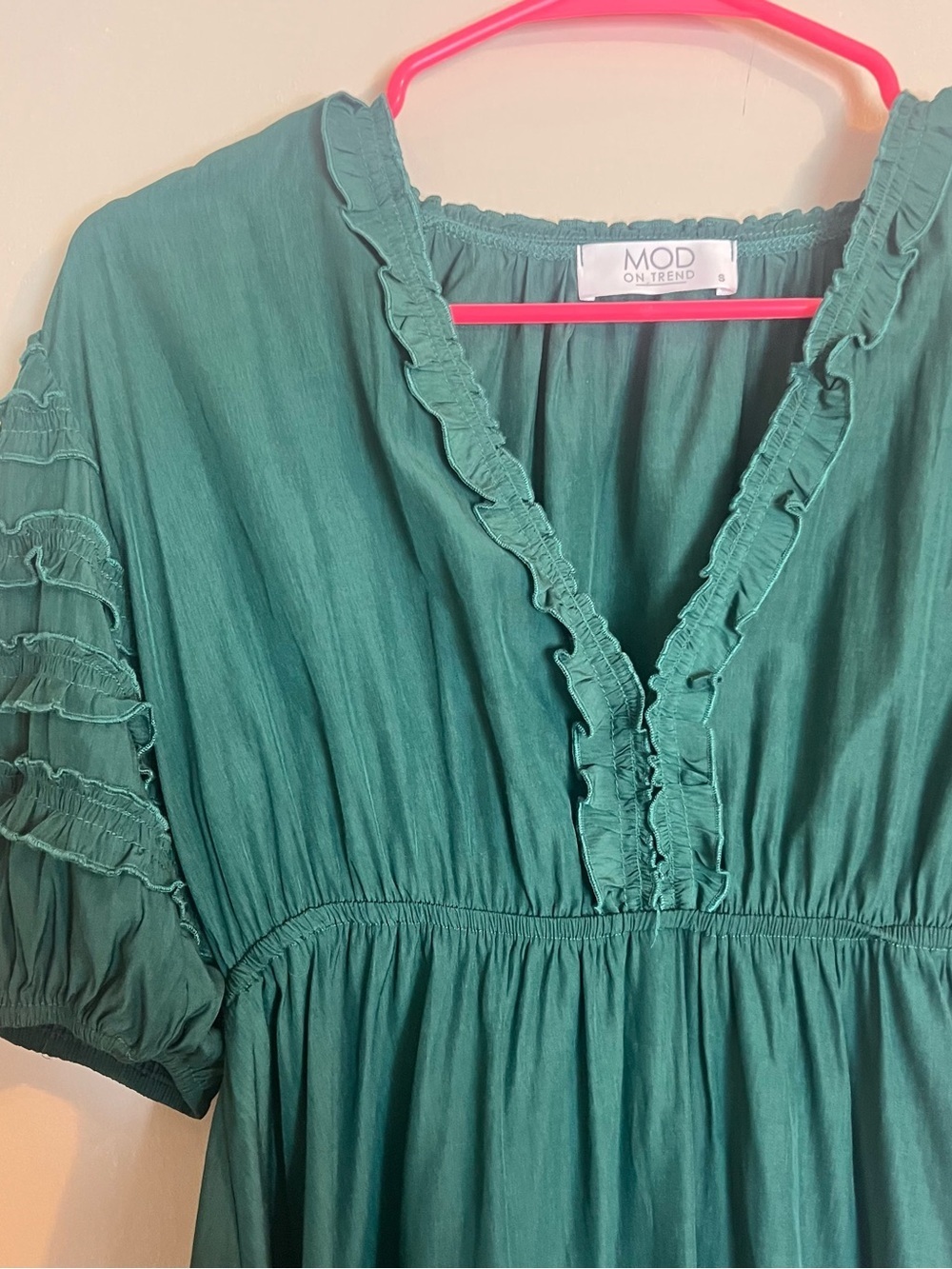 MOD Green Ruffle V-Neck Mini Dress - Picture 3 of 7